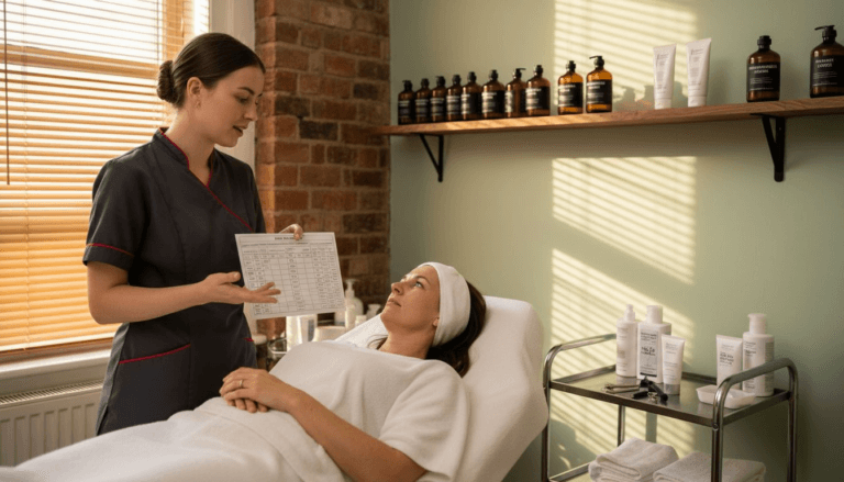 Beauty therapist consulting client in salon