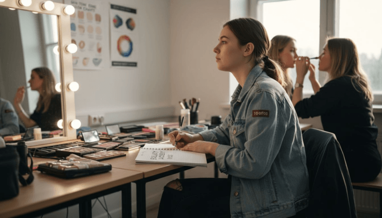 Beauty student observing makeup demonstration