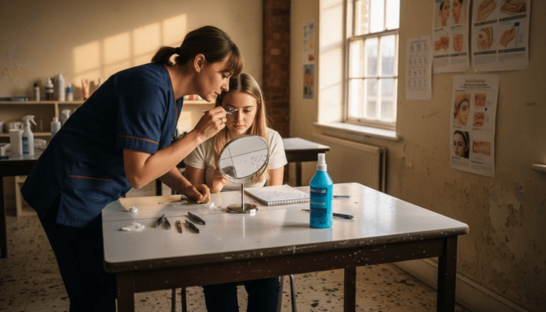 Beauty instructor teaching in training classroom