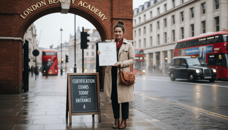 Graduate holding beauty certification outside London academy