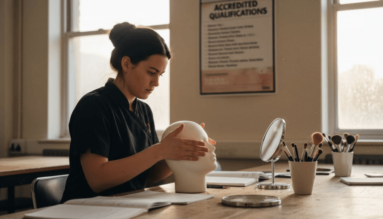 Beauty student practicing facial massage in classroom