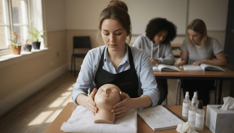 Beauty student practicing facial massage technique