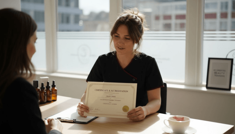 Beauty therapist showing accreditation certificate