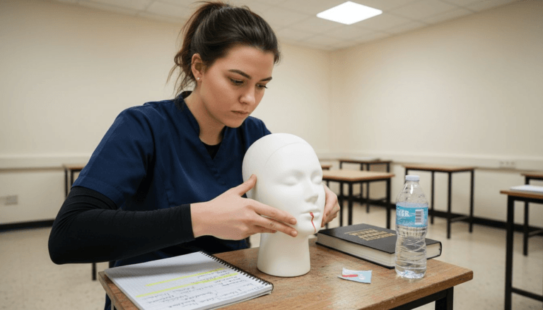 Beauty student practicing facial massage in classroom