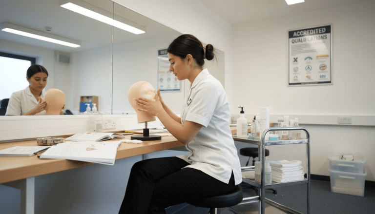 Student practicing facial in accredited beauty classroom