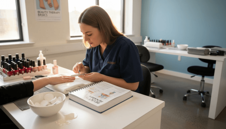 Beauty therapy student practicing in training salon
