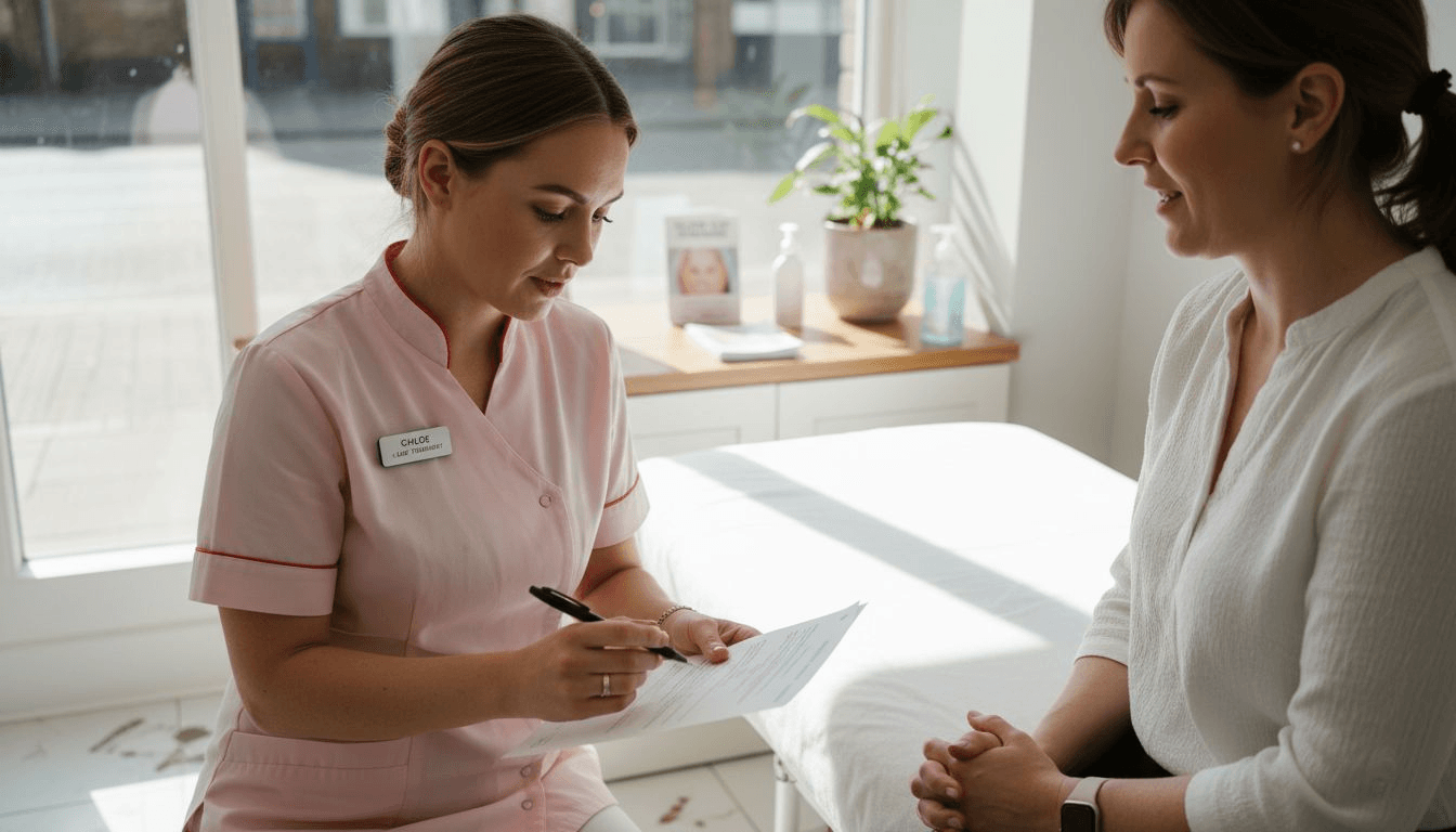 Therapist discusses consent form with client