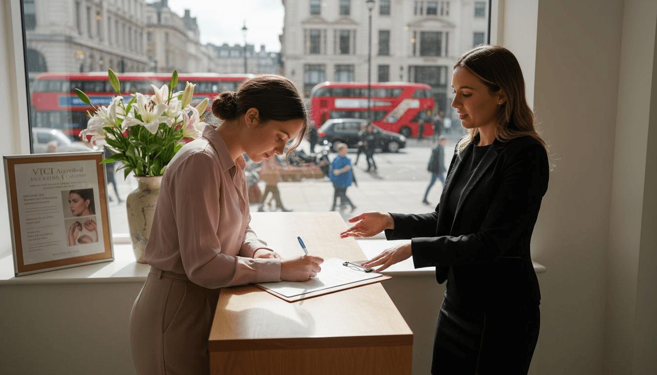 Student enrolling at London beauty academy desk