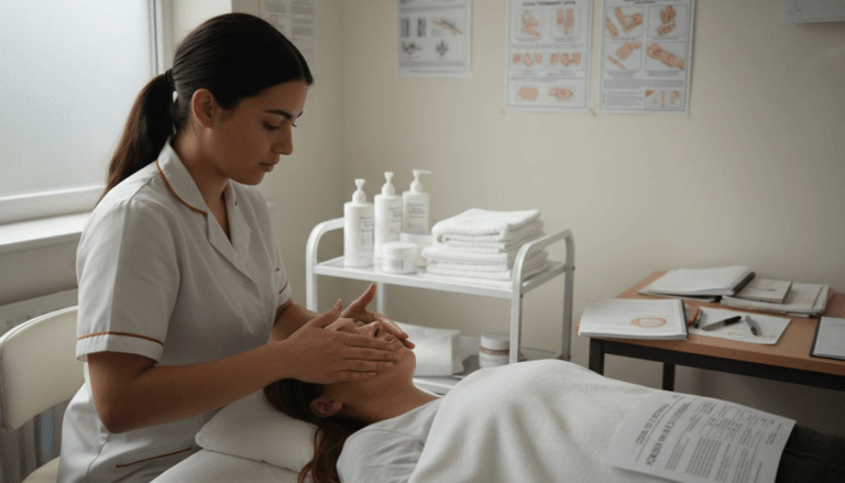 Beauty trainee practicing facial massage in classroom