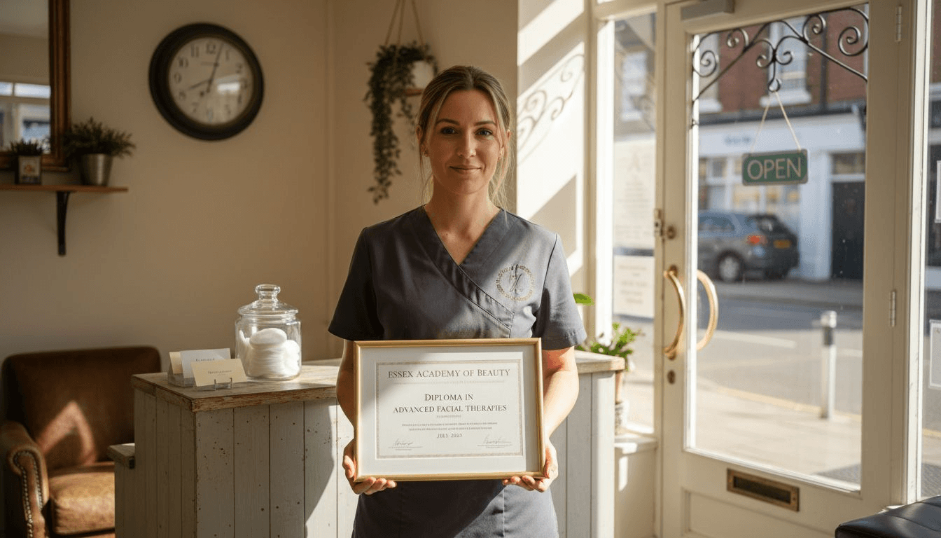 Beauty therapist holding framed certificate in salon